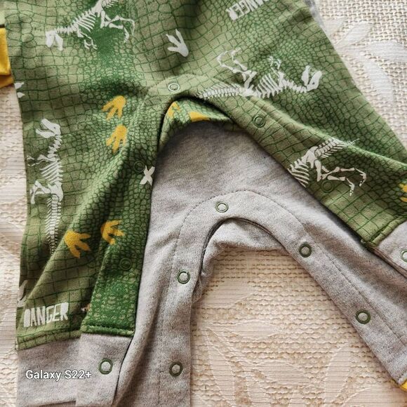 NWT 2 Carters dinosaur baby boy one piece outfits, denim hat, and fluffy booties - Picture 8 of 9